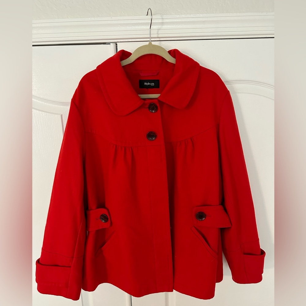 EUC Style & Co Lined Red Wool Pea Coat SZ 3XL